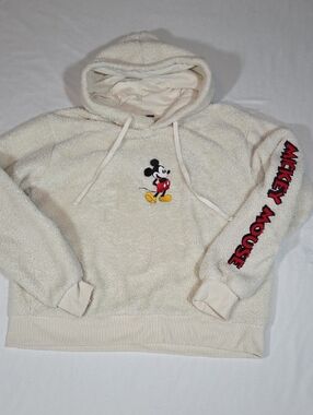 Disney Mickey Mouse Hoodie Womens XL Cream Fleece Embroidered Fuzzy Teddy